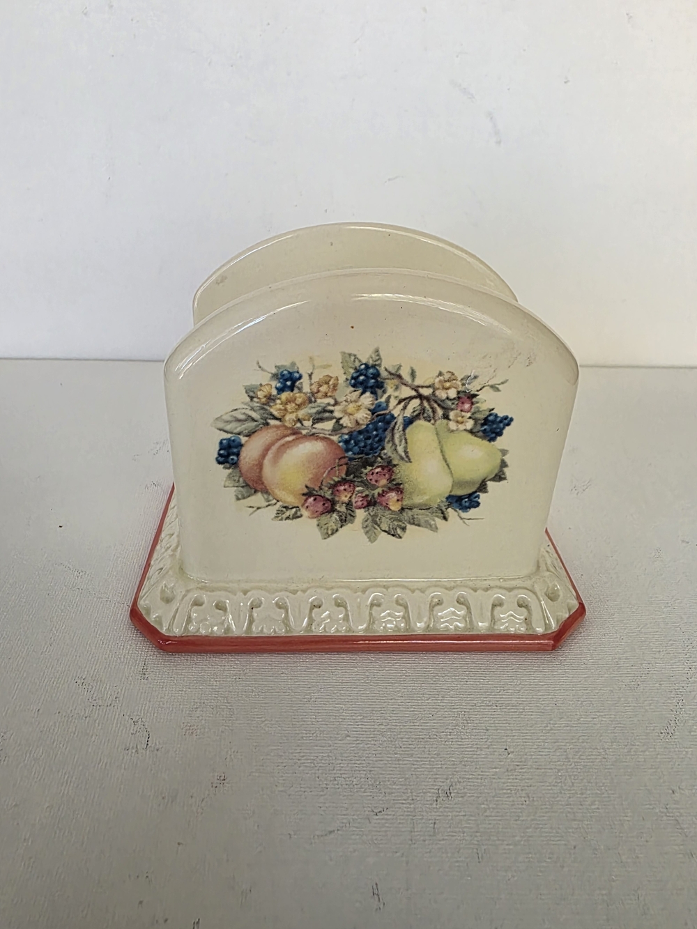 Vintage Avon Ceramic Fruit Motif Napkin Holder in Cream with Red Trim